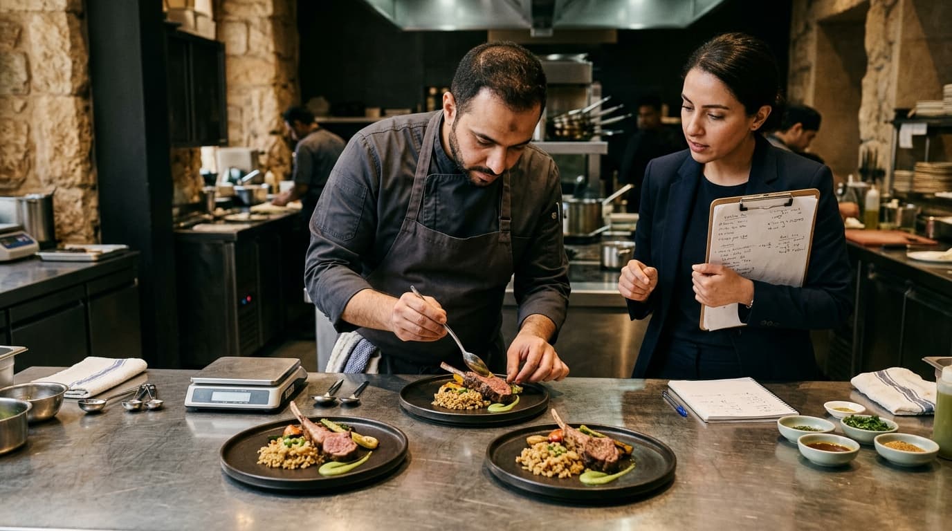 Chef calibrating a signature dish for menu engineering