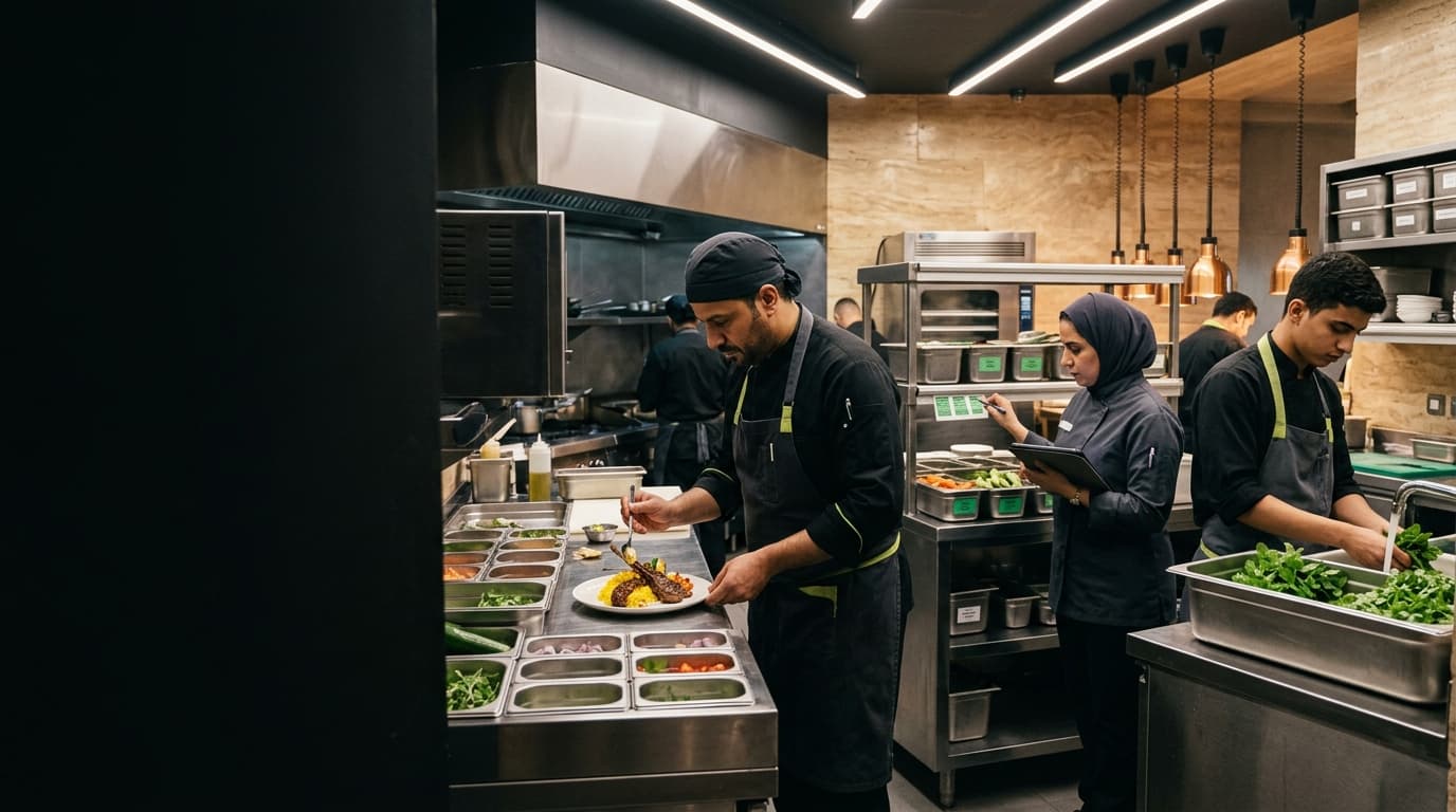 Chef plating dish in kitchen