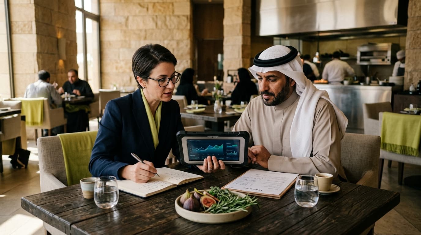 Consultant reviewing restaurant 